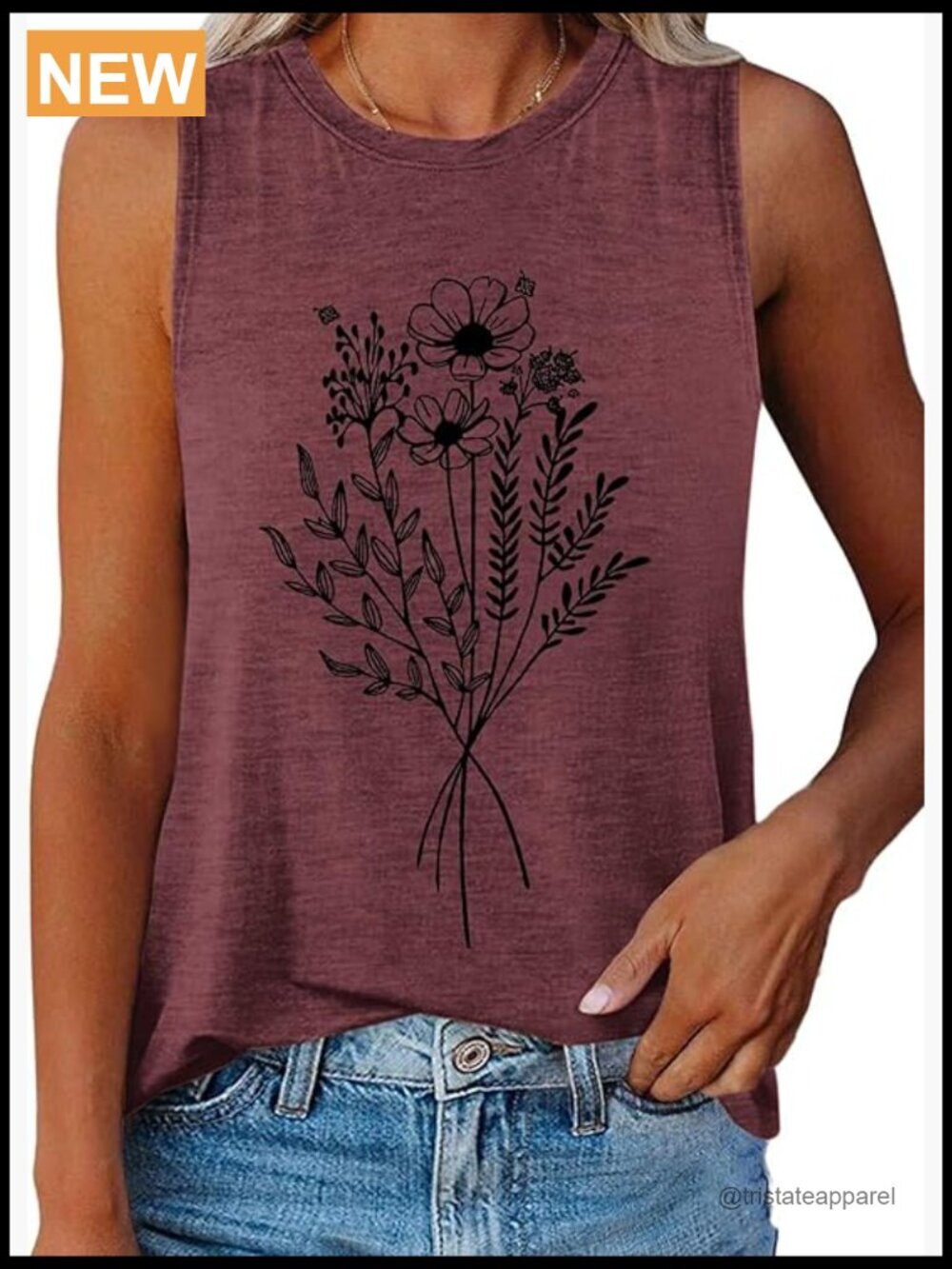 Women's Flower Print Crewneck Tank Top Sleeveless Summer Loose Fit Curved Hem